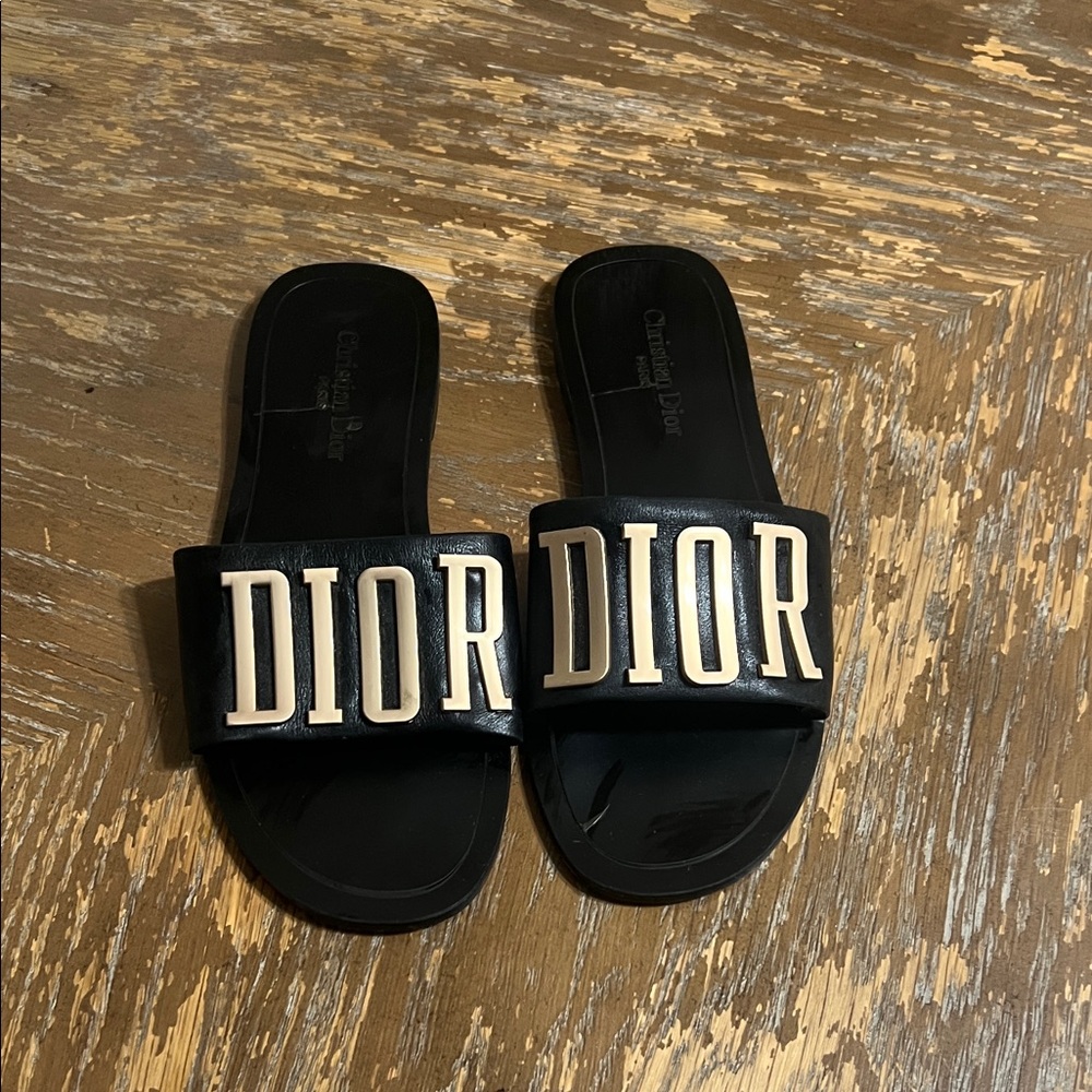 Dior Black Slides with Ivory Lettering